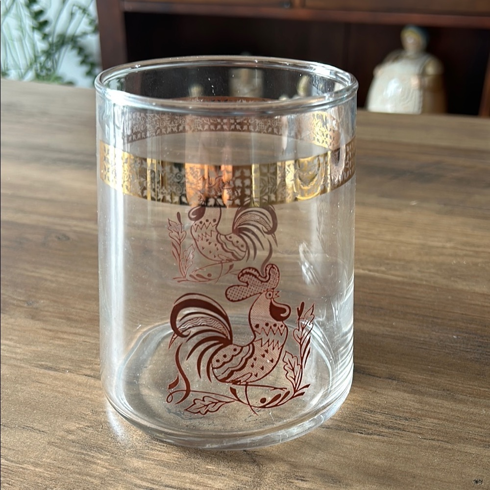 🔥🔥Rooster Spooner Rooster glass floral gold band clear glass brown mid century